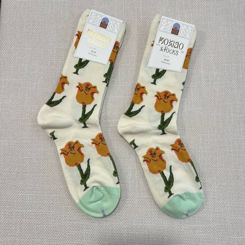 Tourtiwi - Vendita all'ingrosso Calzini - Donna - Calzini alla caviglia con motivo artistico colorato di tulipani e fragole.1