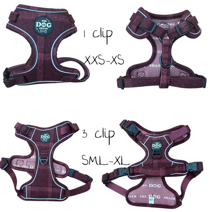 Harnais réglable 1 clip et 3 clips - Tweed rouge pour la vente par The Dog Shack