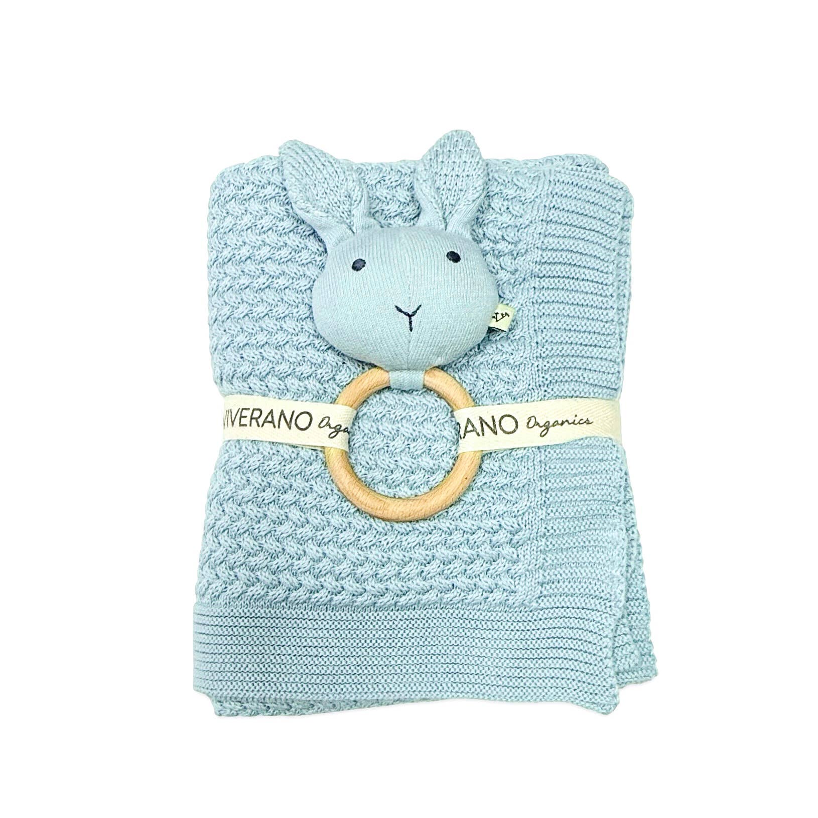 Viverano Organics - Wholesale Bedding Blanket - Kids & Baby - Moss Knit Baby Blanket+Bunny Ring Rattle Gift Set (Organic)1