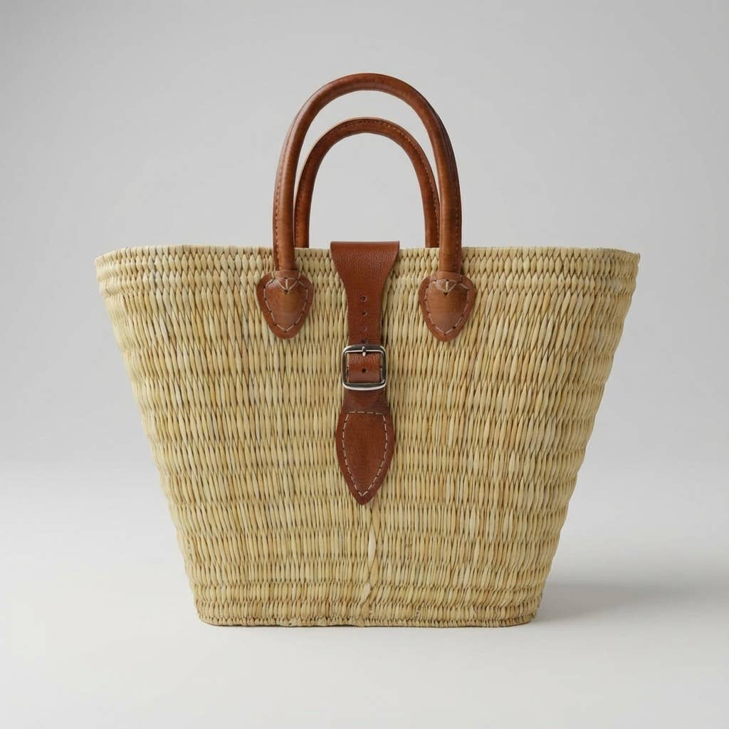 Melecraft - Wholesale Basket - Woven Reed Market Basket Leather Strap - Natural Boho Tote4