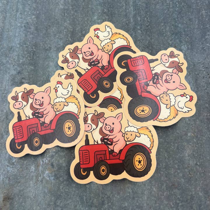 Pegatina troquelada de animales de granja conduciendo tractor para venta al por mayor de Sage & Soil