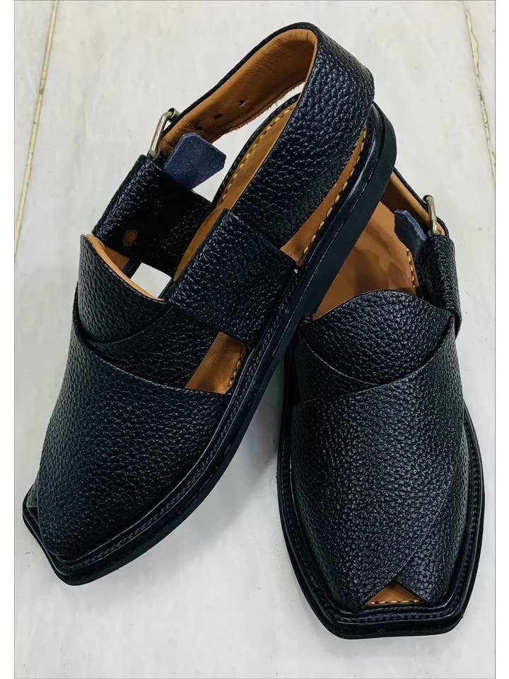 Handmade Black Textured Peshawari Chappal, Unique Style for wholesale on Faire4