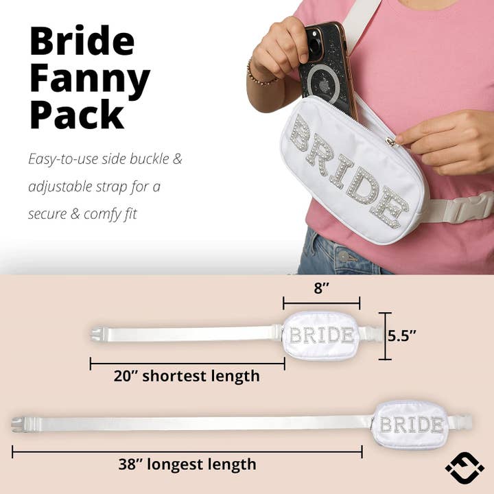 Funky Junque - Wholesale Belt Bag - Women's - Bride Fanny Pack with Pearl Lettering - White2