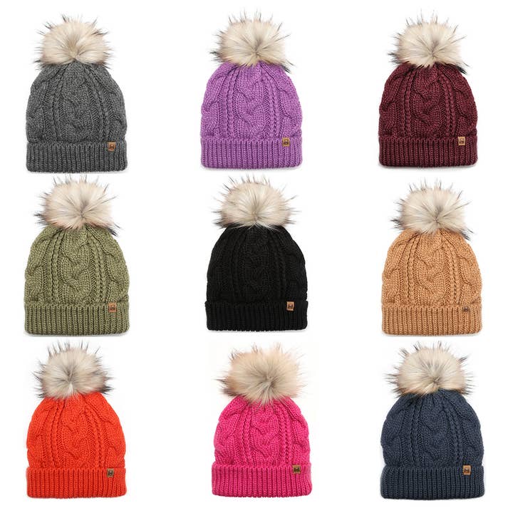 Kid's Cable Knitted Faux Fur Pom Beanie Hat for wholesale by Fashion City