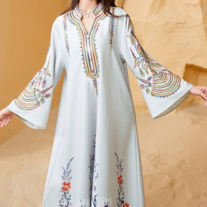 LIGHT GRAY Muslim Rope Embroidered Robe for wholesale on Faire4