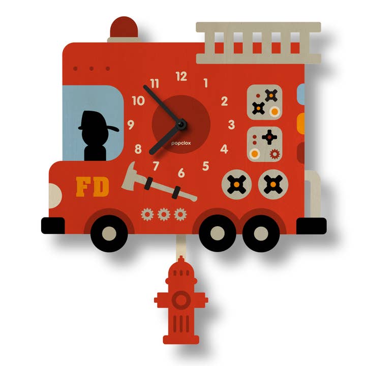 Popclox - Wholesale Wall Clock - Fire Truck Pendulum Clock - Wood