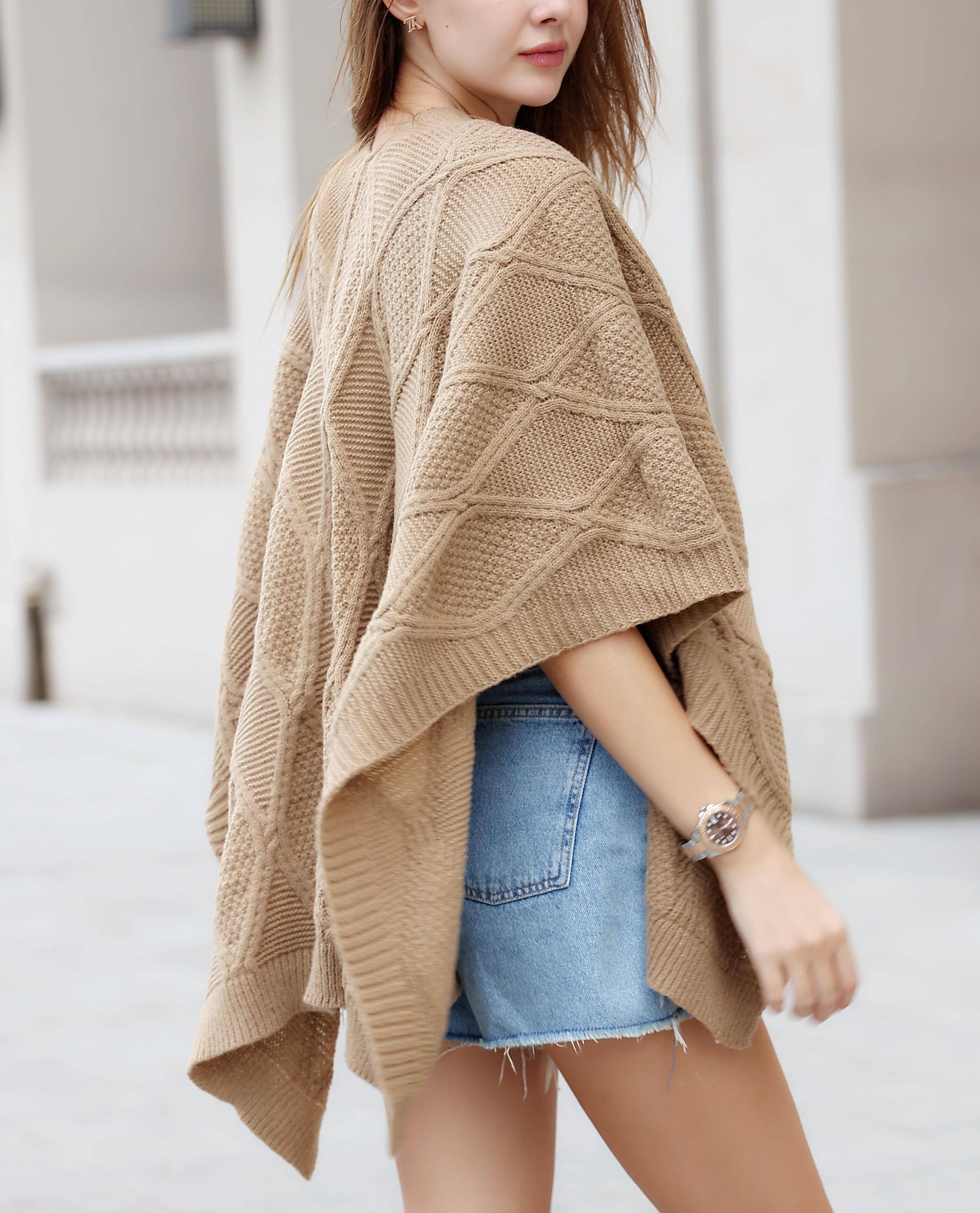 JC Sunny Fashion - Wholesale Cardigan - Women's - JC063337 5 Colors-Fish Patterned Knitted Ruana4