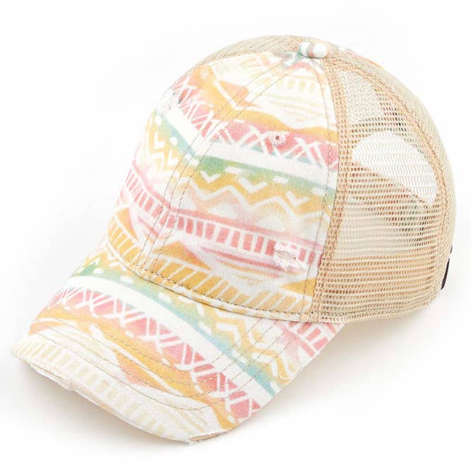 Hana - Wholesale Ponytail Cap - Women's - C.C Aztec Pattern Mesh Back Ponytail Baseball Cap