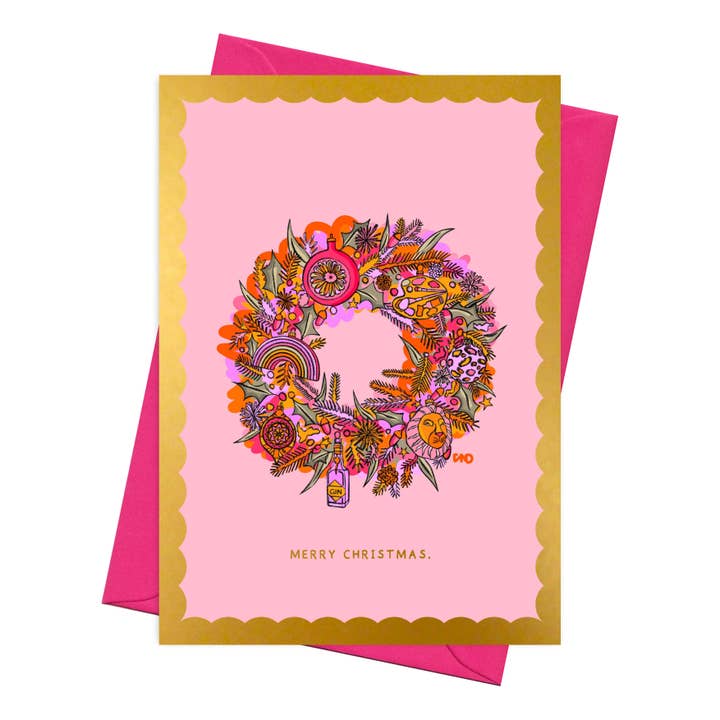 Scalloped Border Bauble Wreath Christmas Card- A6 Gold Foil for wholesale by Freya Niamh