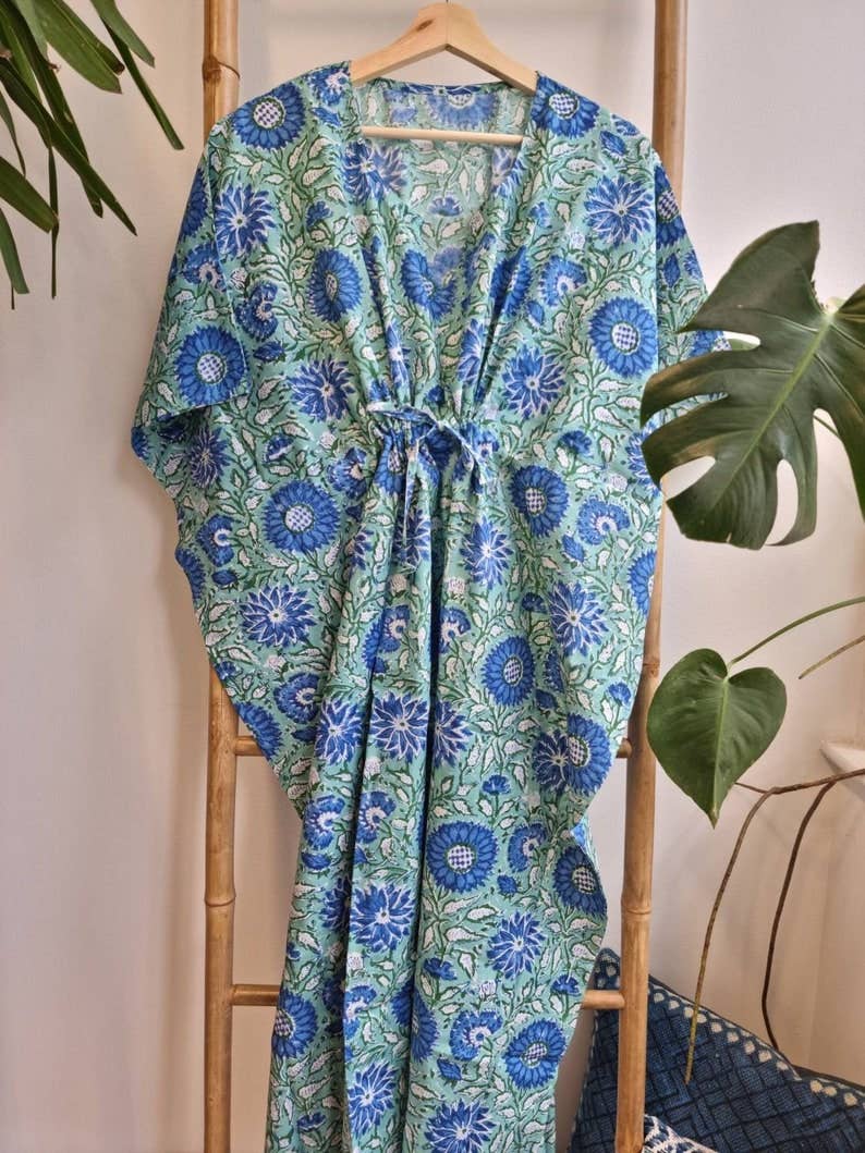 Essential Designs London – wholesale Kaftan – Women's – Pure Cotton Kaftan Kimono in Ocean Aqua Green Soft Blue0