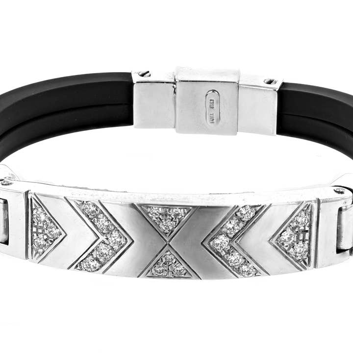 14kt Gold Black Rubber White Men's white Gold ID Bar bracelet for wholesale by NYMAN JEWELERS