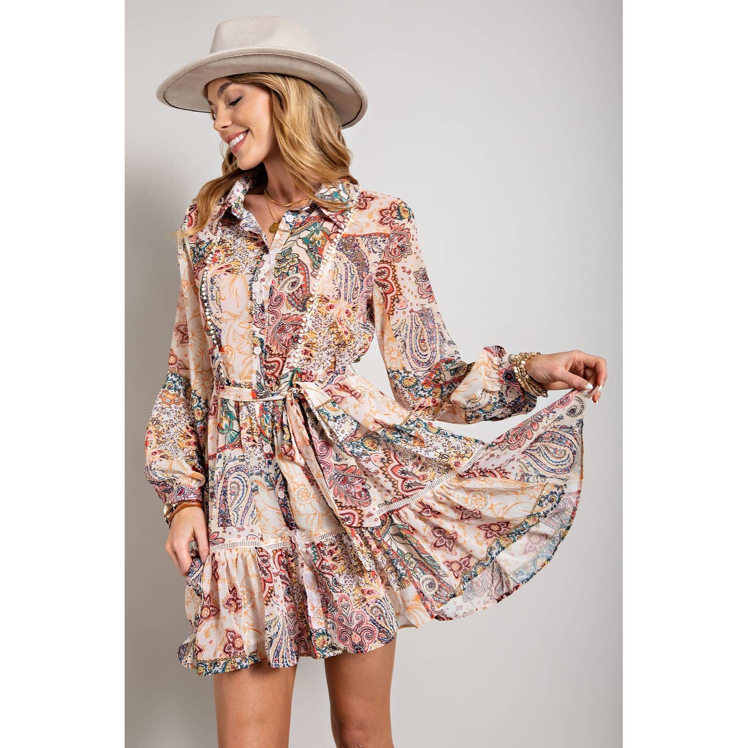Sweet Generis – wholesale Dress – Women's – FLOWER PRINT LONG SLEEVE SHIRT DRESS3