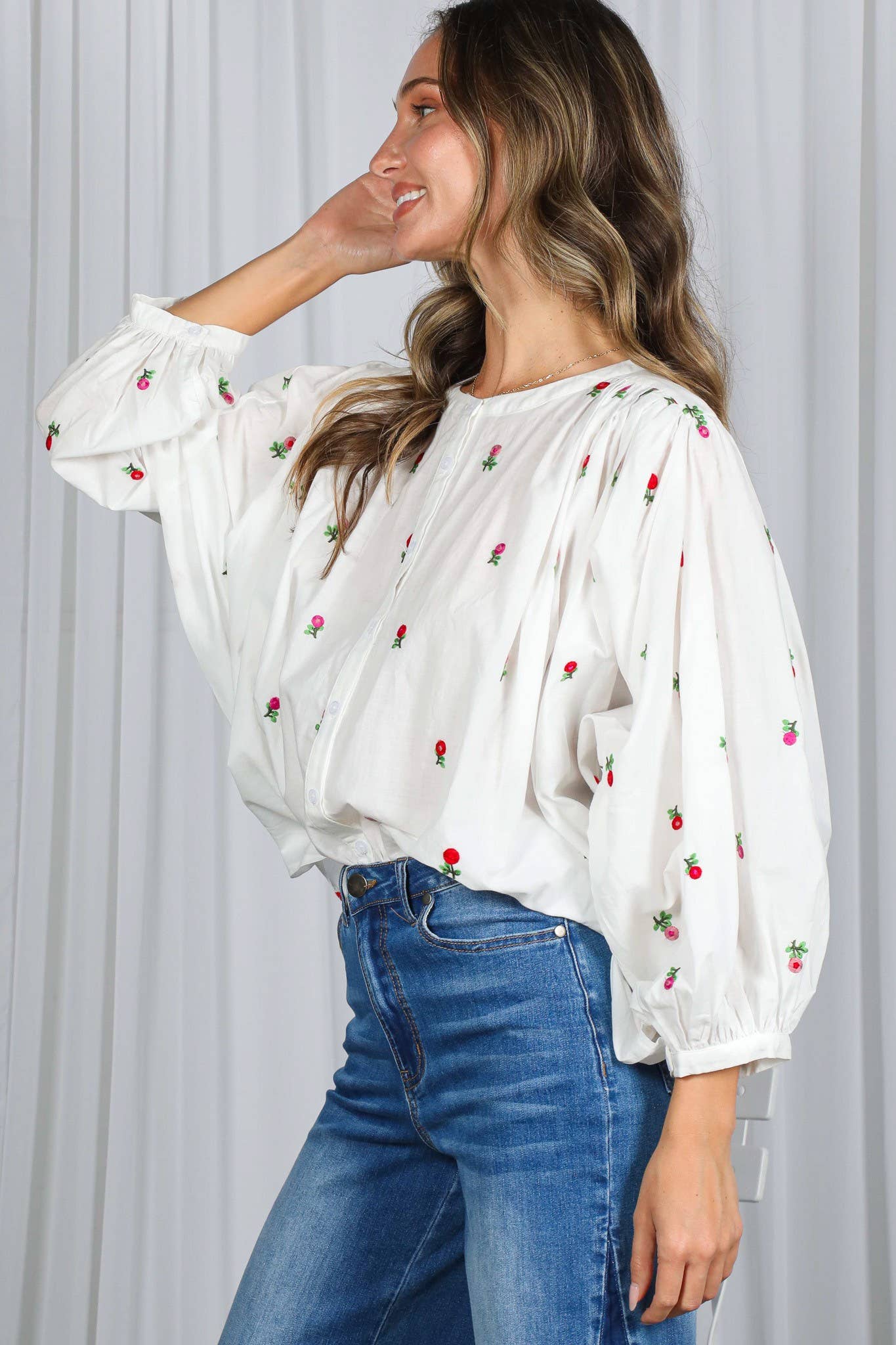 Off White English Ross Embroidered Draped 3/4 Sleeve Blouse VT82897 for wholesale on Faire15