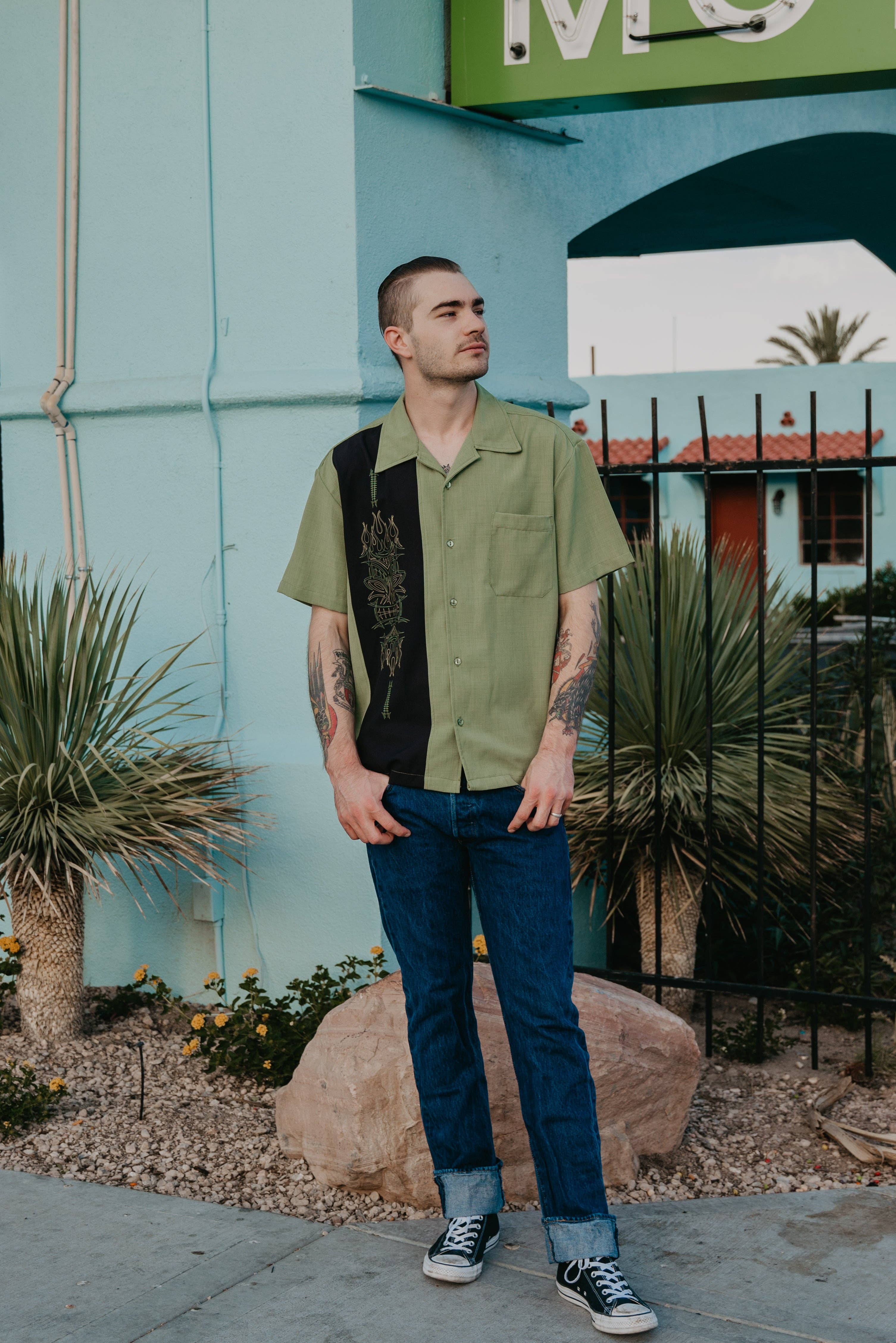Steady Clothing - Wholesale Button Down Shirt - Men's - Pinstripe Tiki Panel Bowling Shirt in Green1