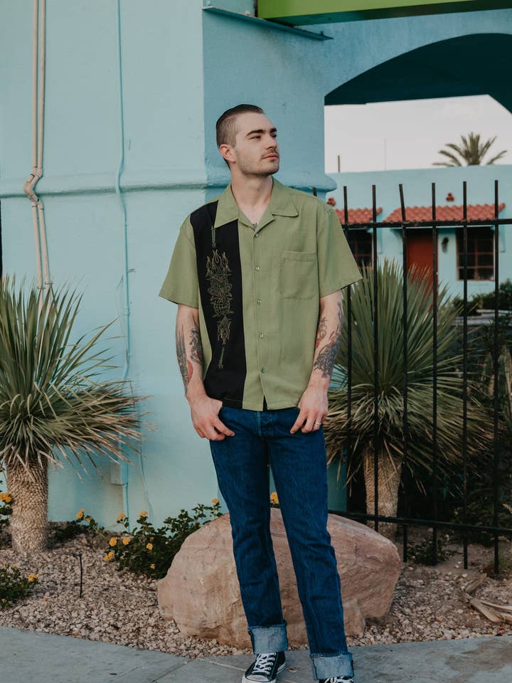 Steady Clothing - Wholesale Button Down Shirt - Men's - Pinstripe Tiki Panel Bowling Shirt in Green1