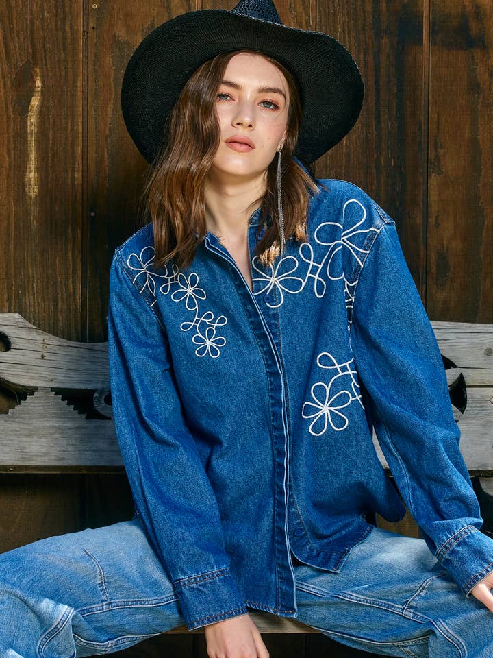 Denim Shacket with Embroidery - RT1127 for wholesale on Faire