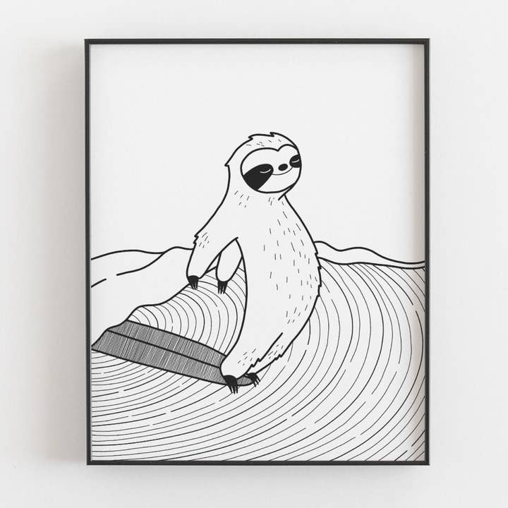 Surfing Sloth Illustration / Handmade Giclée Print for wholesale by Bleu Marie Artwork
