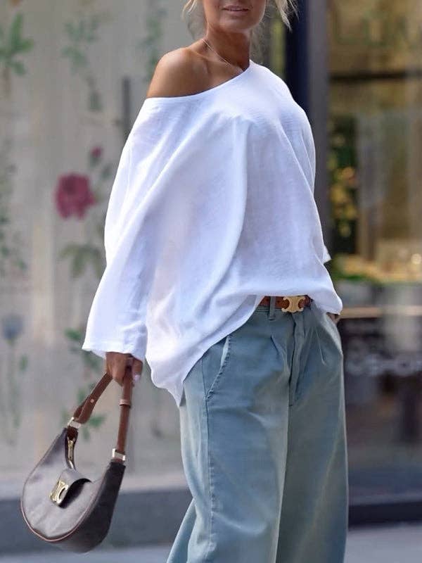 WHITE Long Sleeves Loose Solid Color One-Shoulder T-Shirts Tops for wholesale on Faire
