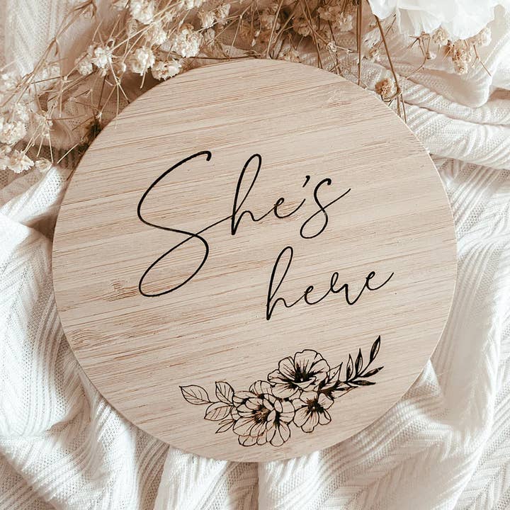 She's here birth announcement sign for wholesale by Penny and Co Collections