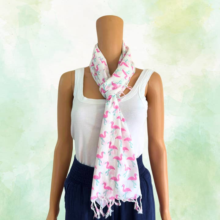 The Indian Bazaar - Wholesale Scarf - Women's - Stole Scarf Pink Flamingo Animal Hand Block Printed2