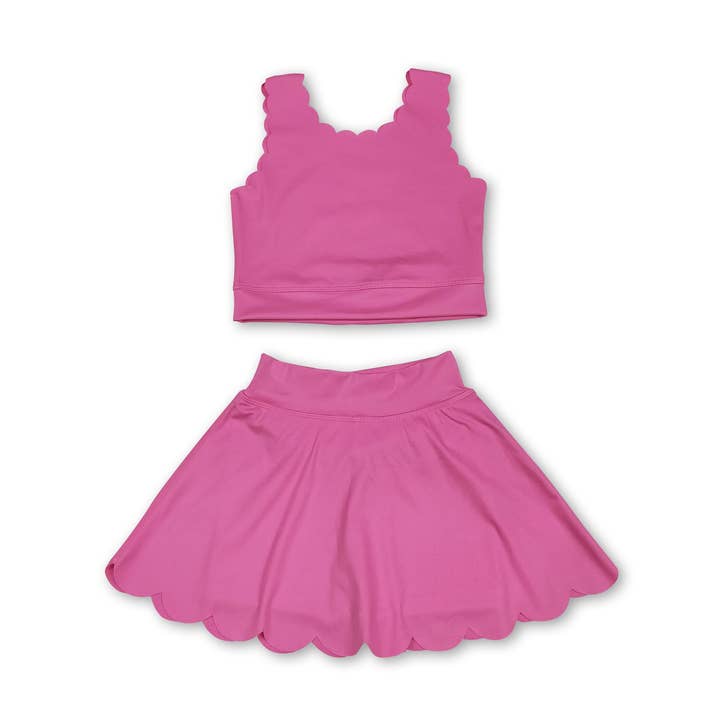 Pink scallop sleeveless top skirt shorts girls active set for wholesale by Yawoo Garments
