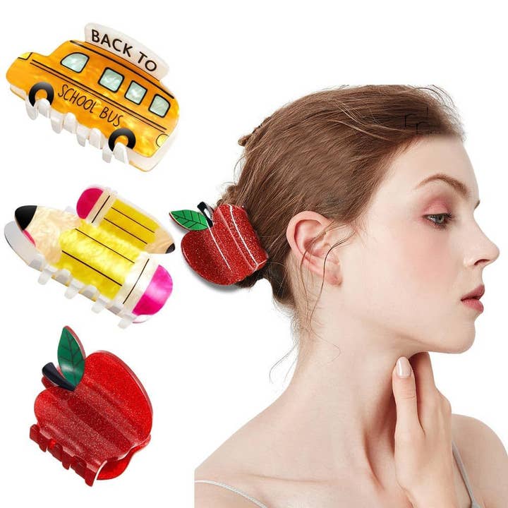 Pinces à cheveux mignonnes Pomme & Bus scolaire – Accessoires de cheveux dessin animé pour la rentrée scolaire pour la vente par Auraquise