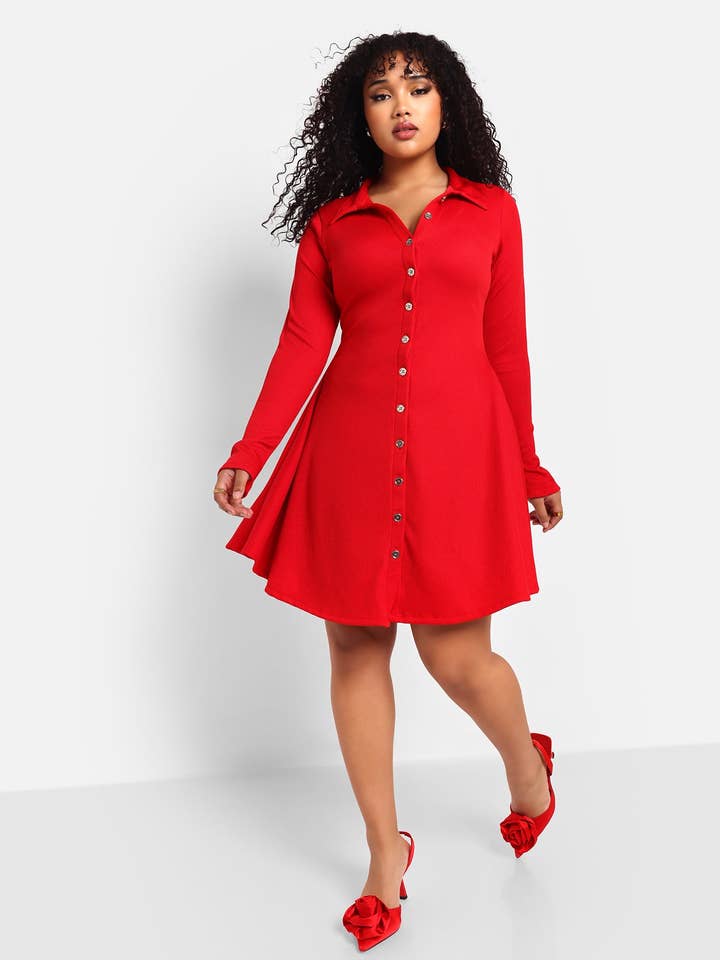 Clarissa Ribbed Button Front Mini A Line Dress - Red for wholesale by REBDOLLS