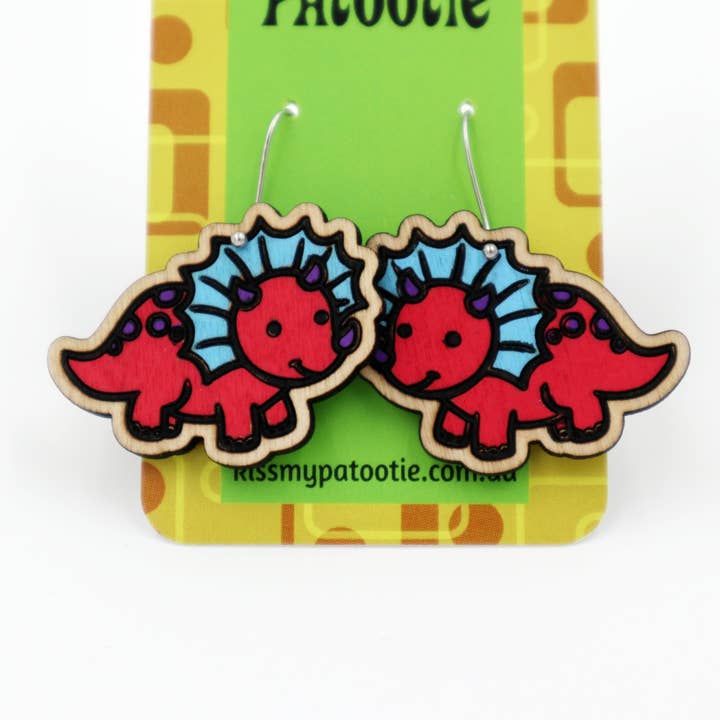 Wooden dinosaur earrings for wholesale by Kiss My Patootie