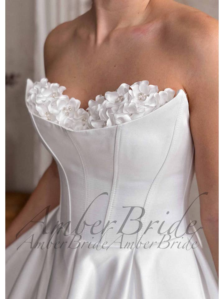Amber Commerce Group, MB - Wholesale Gown - Women's - Strapless Satin A-Line Wedding Dress with 3D Floral Bust and Corset Back1