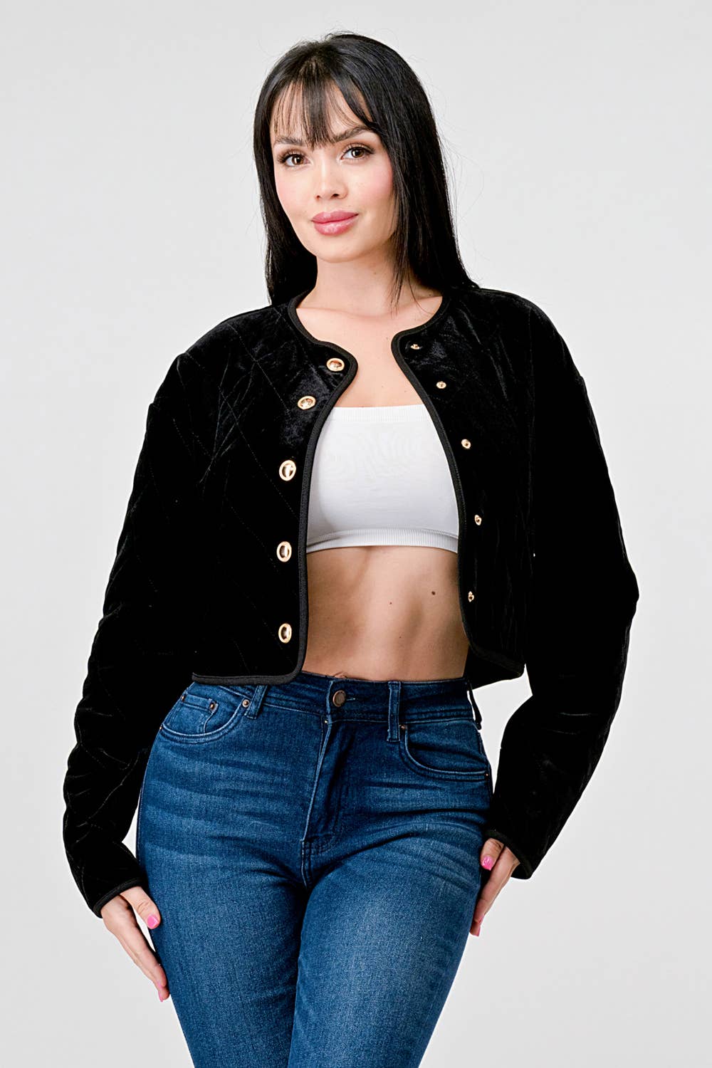 NEGRO Chaqueta acolchada de terciopelo con botones al frente PG3317K CLASSY de venta al por mayor en Faire1