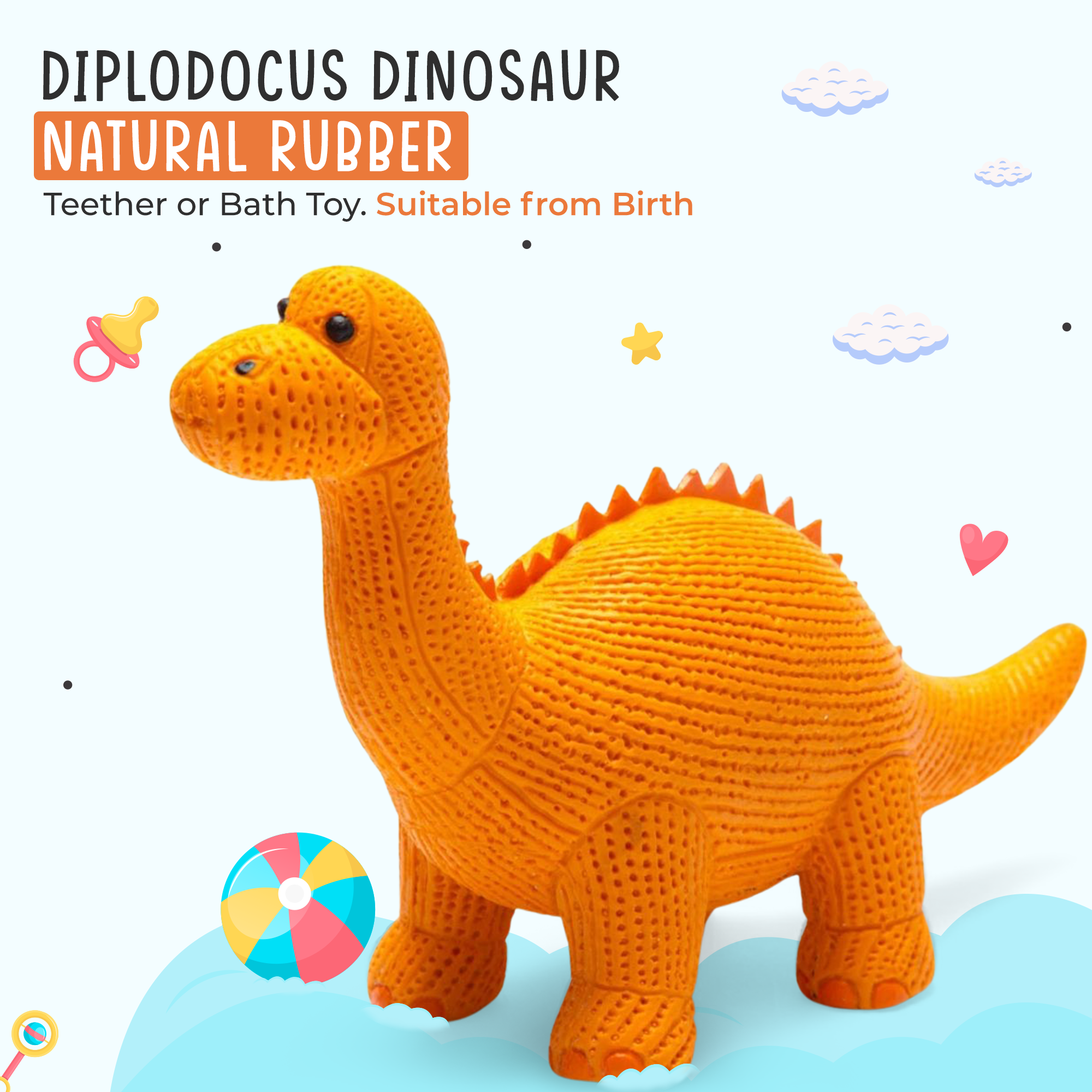 Best Years Ltd - Wholesale Bath Toy - Baby - Rubber Orange Diplodocus Dinosaur Toy, Bath Toy and Teether2