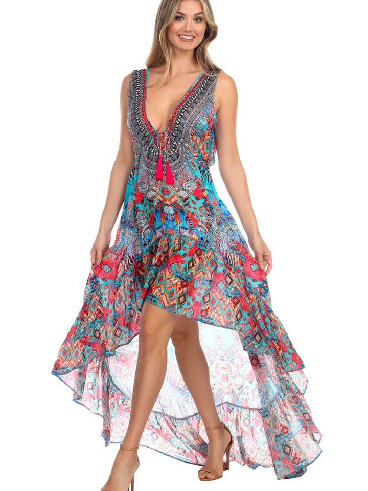 Ikat Blossom Bright & Bold Pattern Trendy Designer Hi-Lo Dress for wholesale by La Moda Clothing
