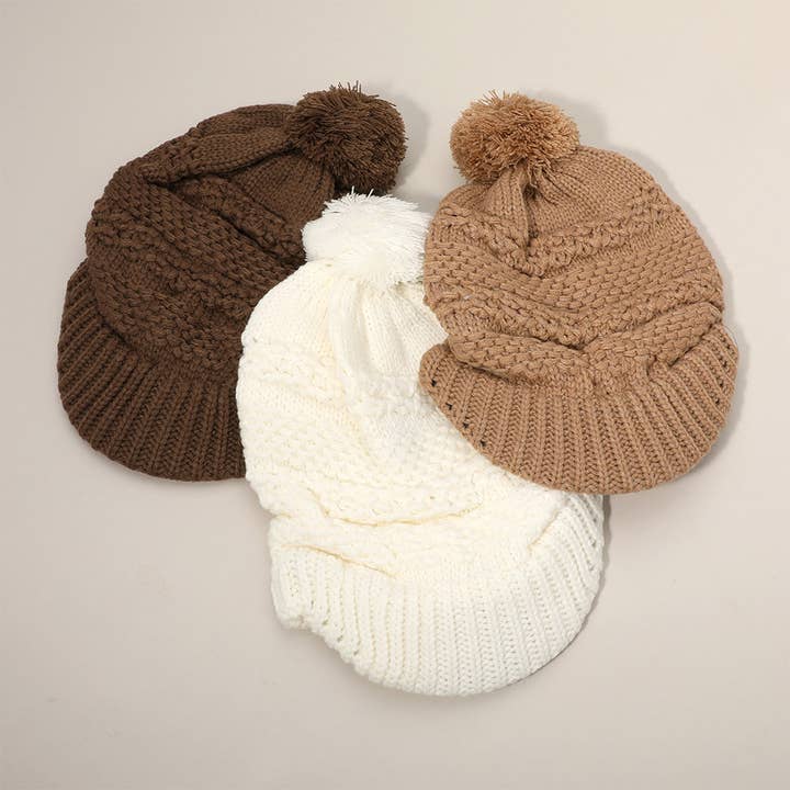 Sensibling Corp. - Wholesale Beanie - Women's - Pom Pom Slouchy Knit Visor Winter Hat