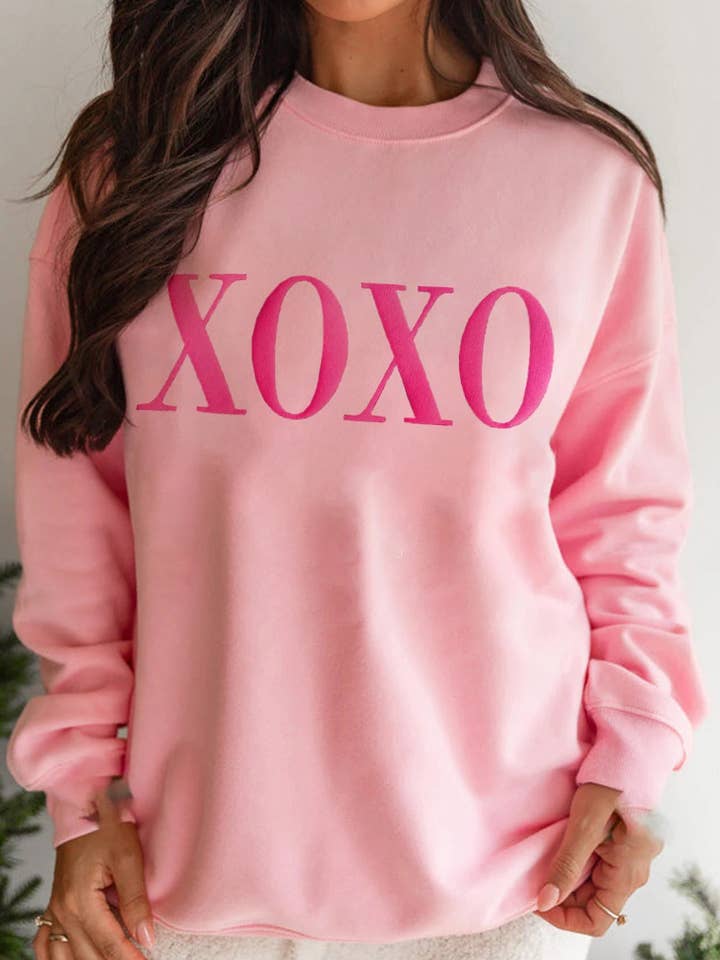 Pink XOXO Puff Print Drop Shoulder Pullover Sweatshirt for wholesale on Faire