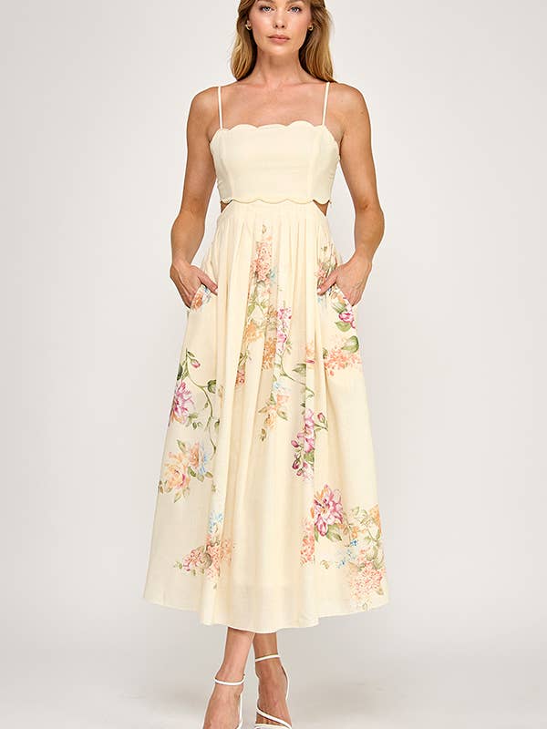 Cream Floral Scallop Dress for wholesale by The vintage shop