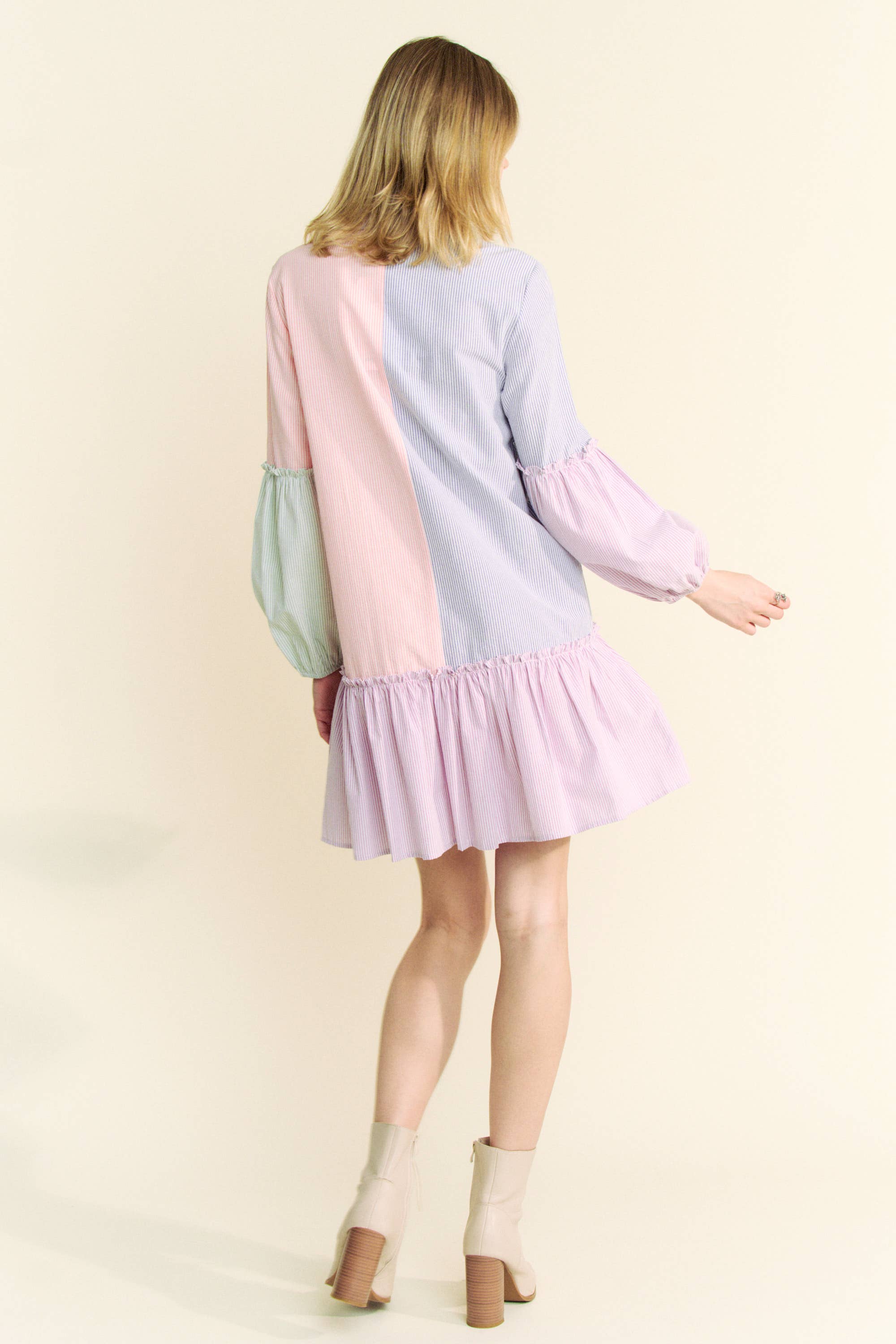 MULTI STRIPE COLOR BLOCK WAIST BALLOON SHIRT DRESS for wholesale on Faire9