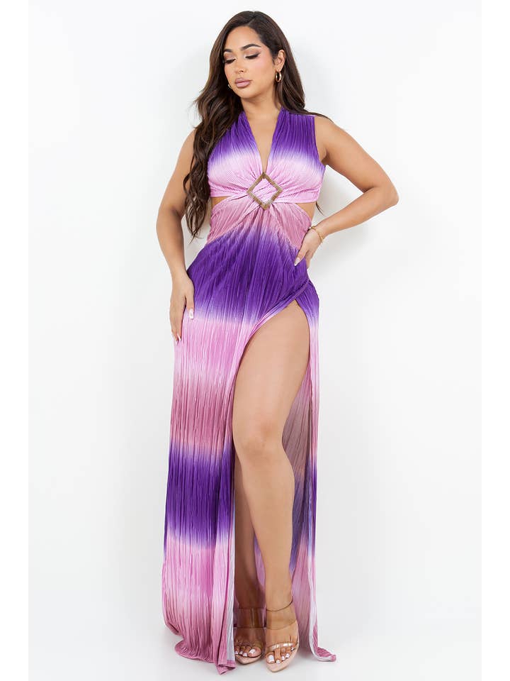 PURPLE D13939 Slit Ombre Trim Maxi Dress for wholesale on Faire6