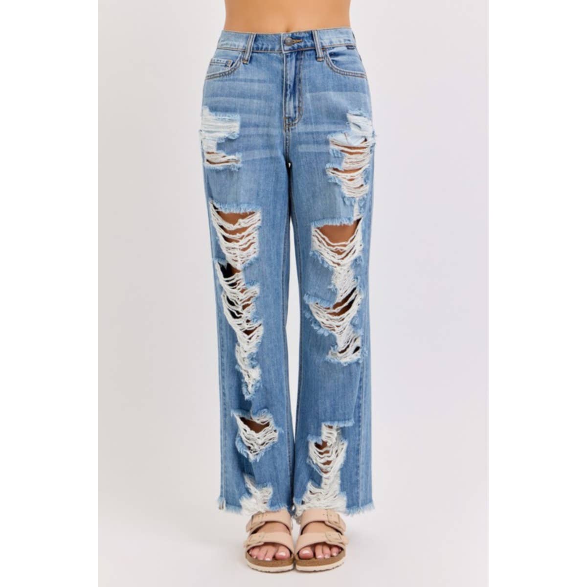 Medium Denim 97303ND-Destroyed High Waisted Raw Hem Cut Out Jeans for wholesale on Faire