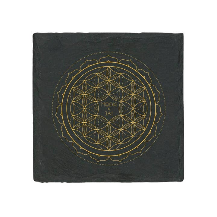 Slate Sacred Geometry Flower of Life coaster for wholesale by Moon and Jai