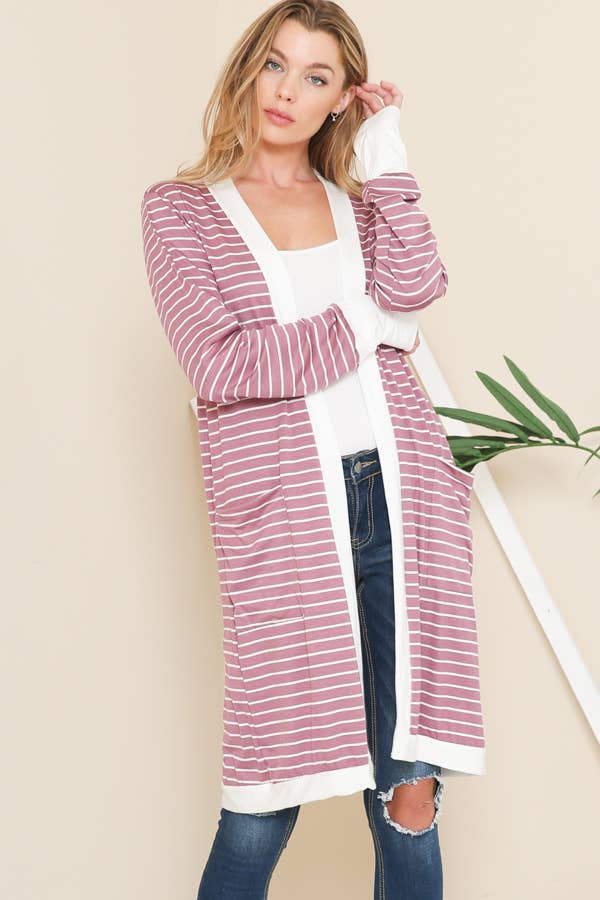 Burgundy Apparel - Wholesale Cardigan - Women's - Stripe Midi Open Cardigan27