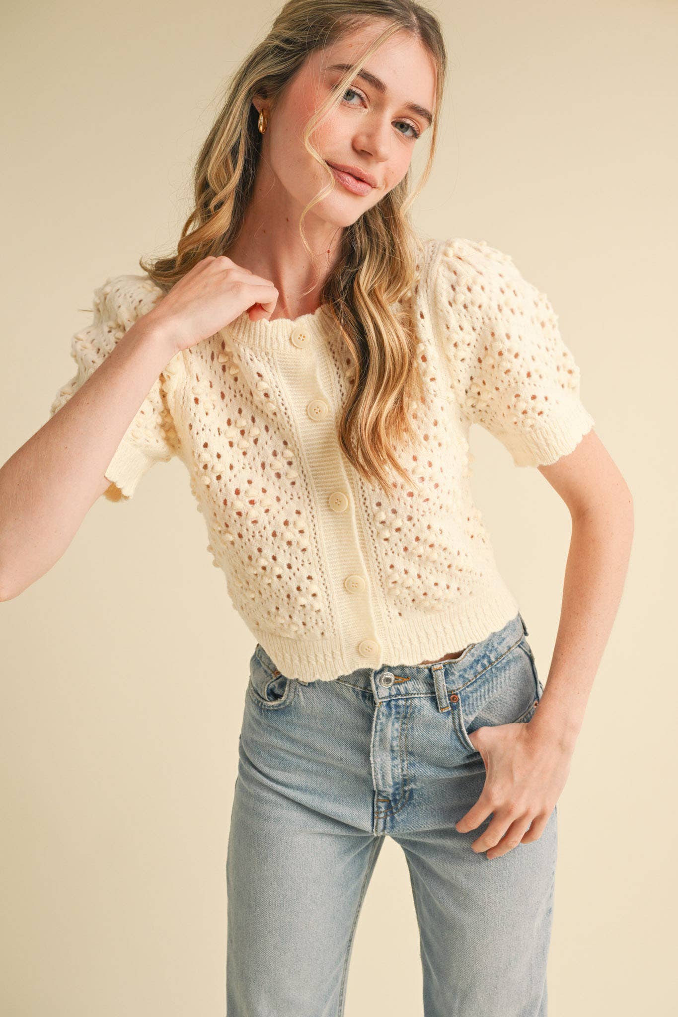 &MERCI - Wholesale Cardigan - Women's - CROPPED POINTELLE BUTTON DOWN SWEATER CARDIGAN MSW108579