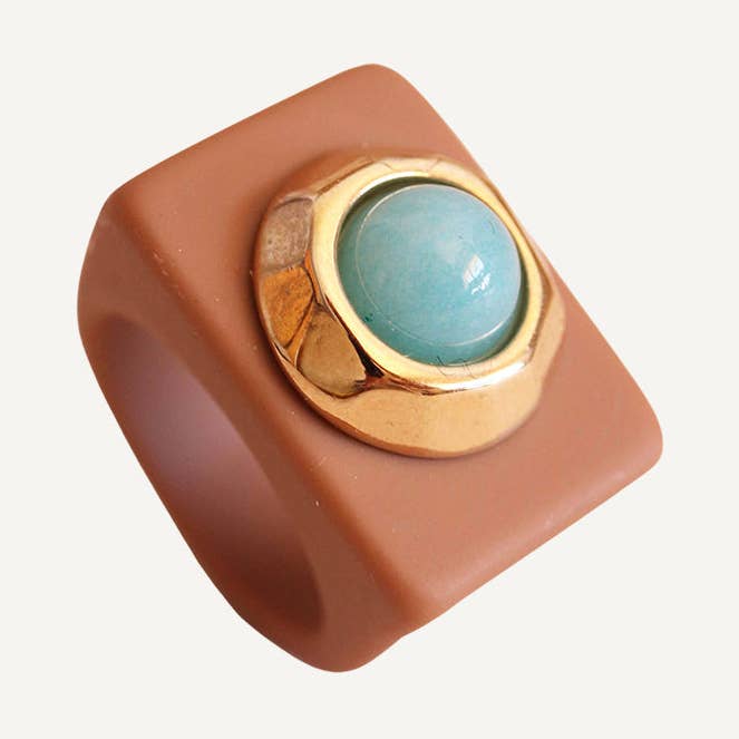 Moka-colored ring for women with turquoise stone for wholesale by ÉMOLO
