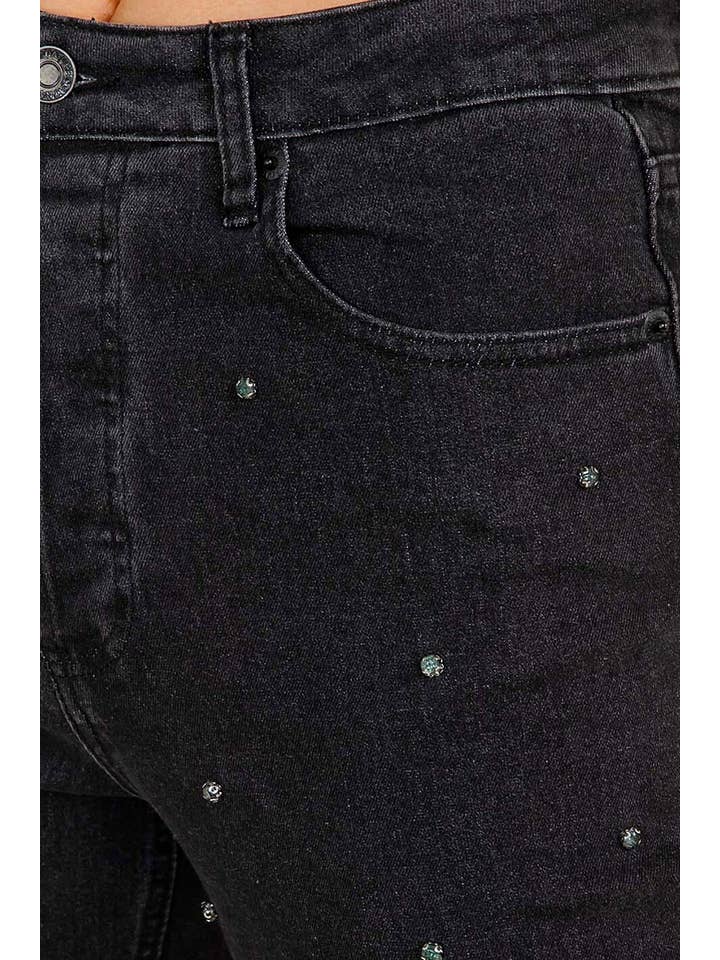 Black RHINESTONE DETAIL STRAIGHT LEG DENIM PANTS for wholesale on Faire