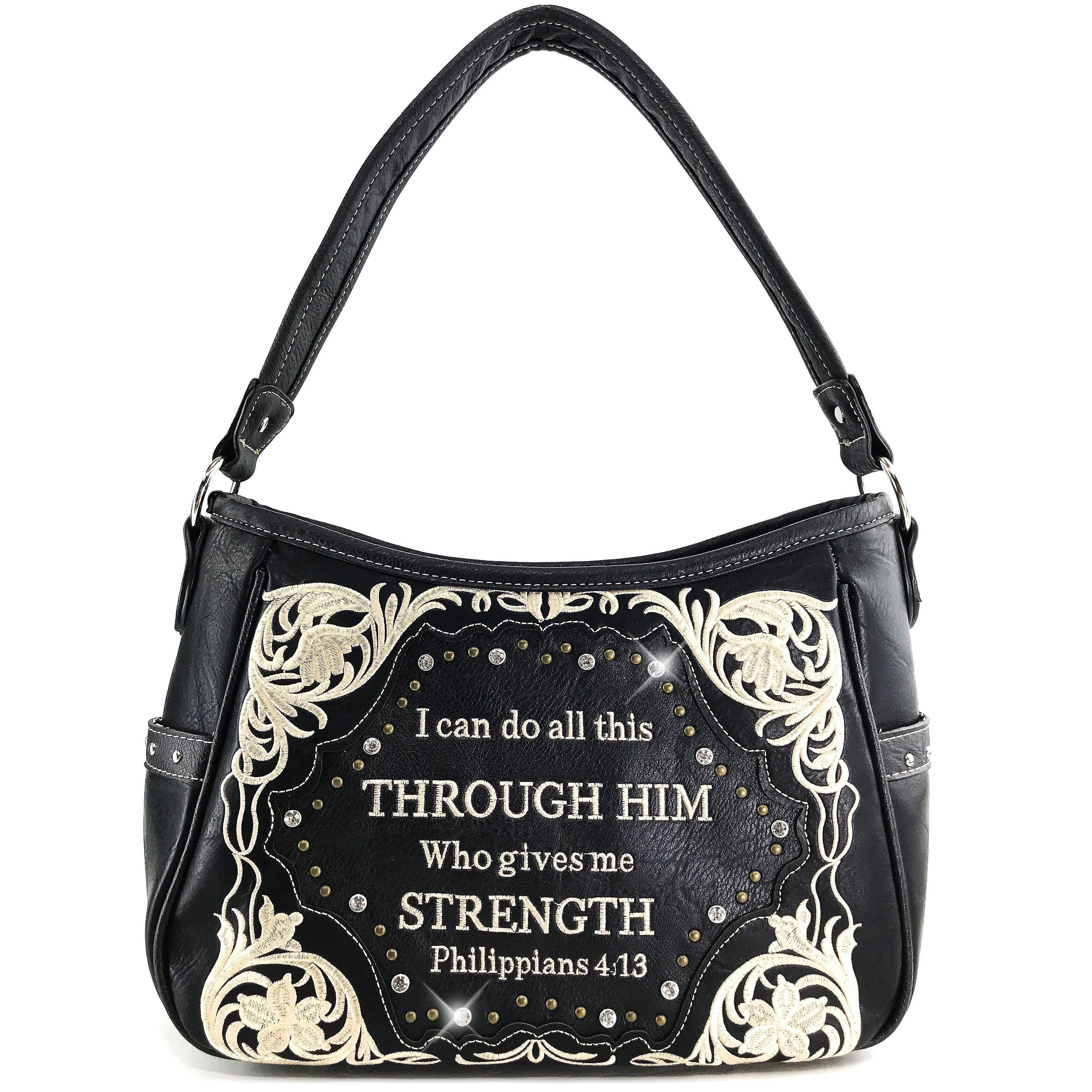 Lunar Deer - Vendita all'ingrosso Tracolla - Donna - Bible Verse Philippians 4:13 Borsa Hobo con ricamo6