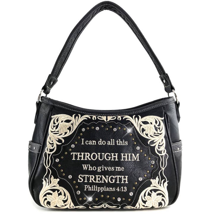 Lunar Deer - Vendita all'ingrosso Tracolla - Donna - Bible Verse Philippians 4:13 Borsa Hobo con ricamo6
