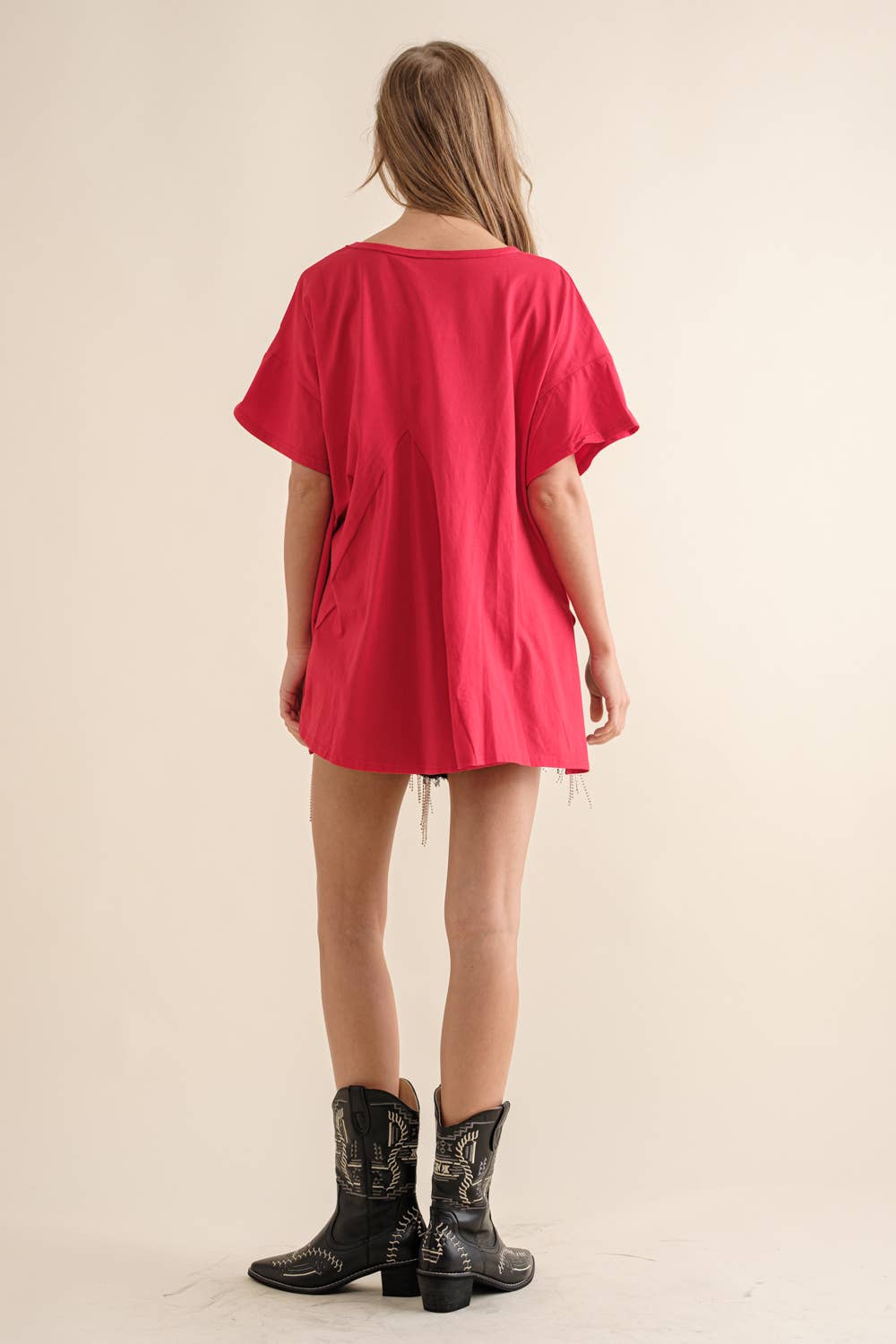 Blue B - Wholesale T-Shirt - Women's - 32487T - Cotton Sequin Western Boot Fringe Loose Side Tee20