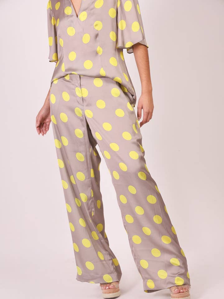 Calças de seda - bolinhas cinza e amarelas por atacado de Martha Sevcik