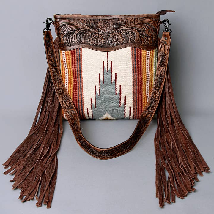 LS Western - Wholesale Crossbody Bag - Women's - ADBGZ365 Tooled Leather & Tribal Wool Crossbody Bag - Western Fringe Shoulder Purse3