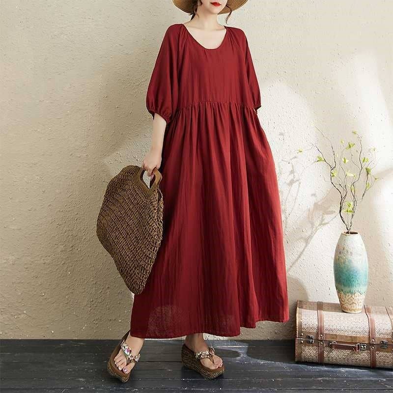 kycozy - Wholesale Dress - Women's - Double Gauze Round Neck Lantern Sleeve Loose Dress0