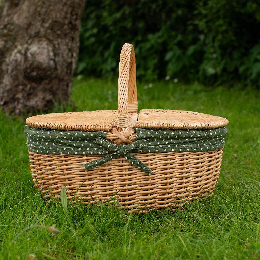 Arthur Cameron - Wholesale Picnic Basket - Natural Oval Picnic Basket with Fern Green Polka Dot Lining0